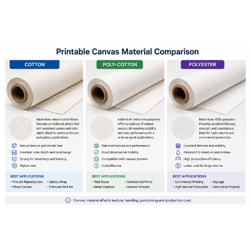 Cotton, poly-cotton and polyester printable canvas roll texture comparison