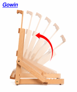 Folding tabletop wooden easel for artists and retailers.