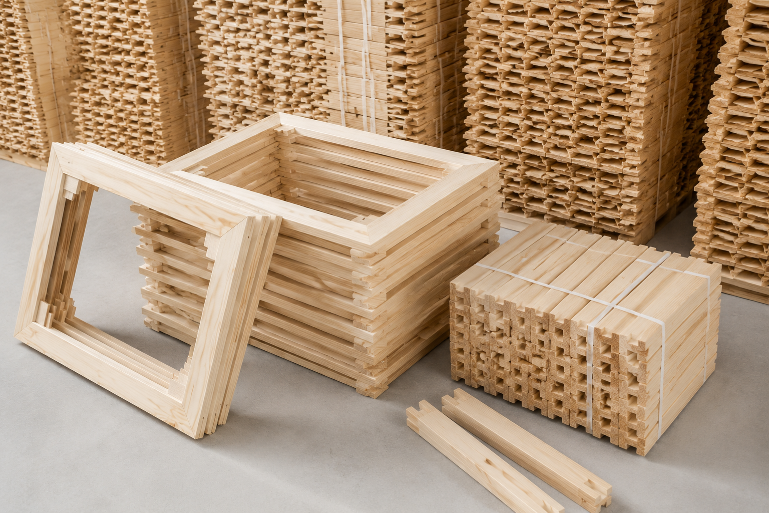 Wood stretcher bars for canvas frame production