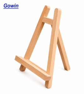 Wooden tabletop display easel for retail displays and countertop presentation.