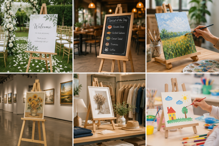 Wooden easel product range with studio tabletop display and mini easels