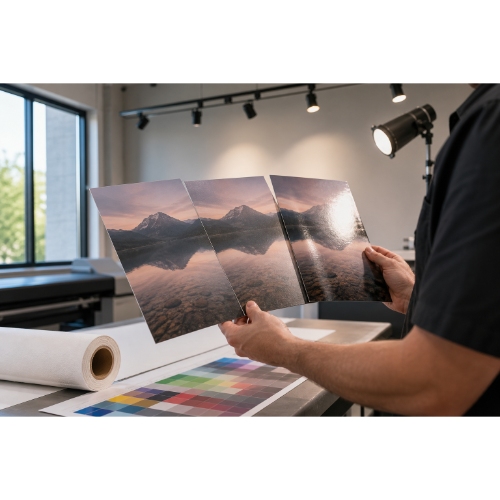 Matte, satin and glossy printed canvas compared under window light, gallery light and retail spotlights