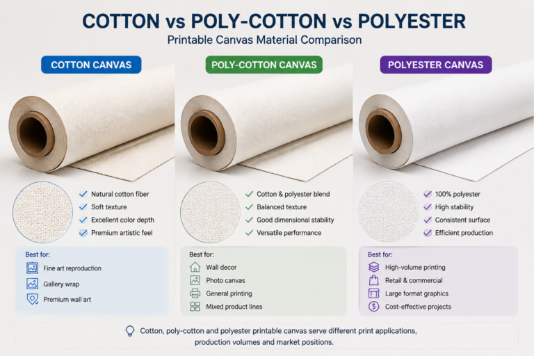 Cotton, poly-cotton and polyester printable canvas rolls compared by texture and material structure