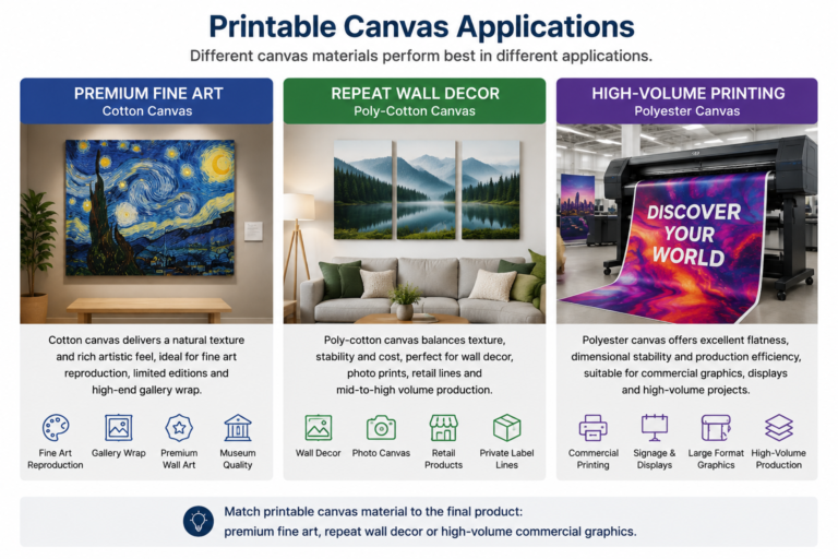 Cotton, poly-cotton and polyester printable canvas used for fine art, wall decor and commercial printing