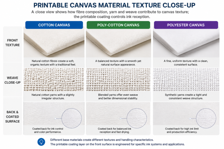 Close-up comparison of cotton, poly-cotton and polyester printable canvas weave and coated surfaces
