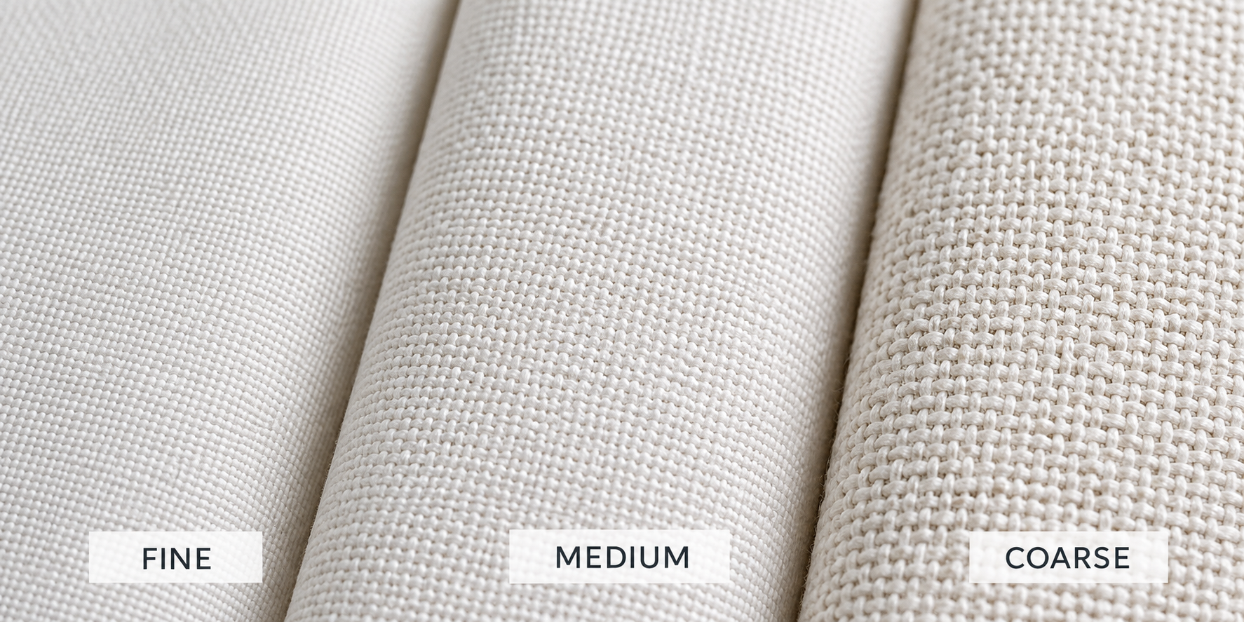 Close-up comparison of fine, medium and coarse grain artist canvas textures