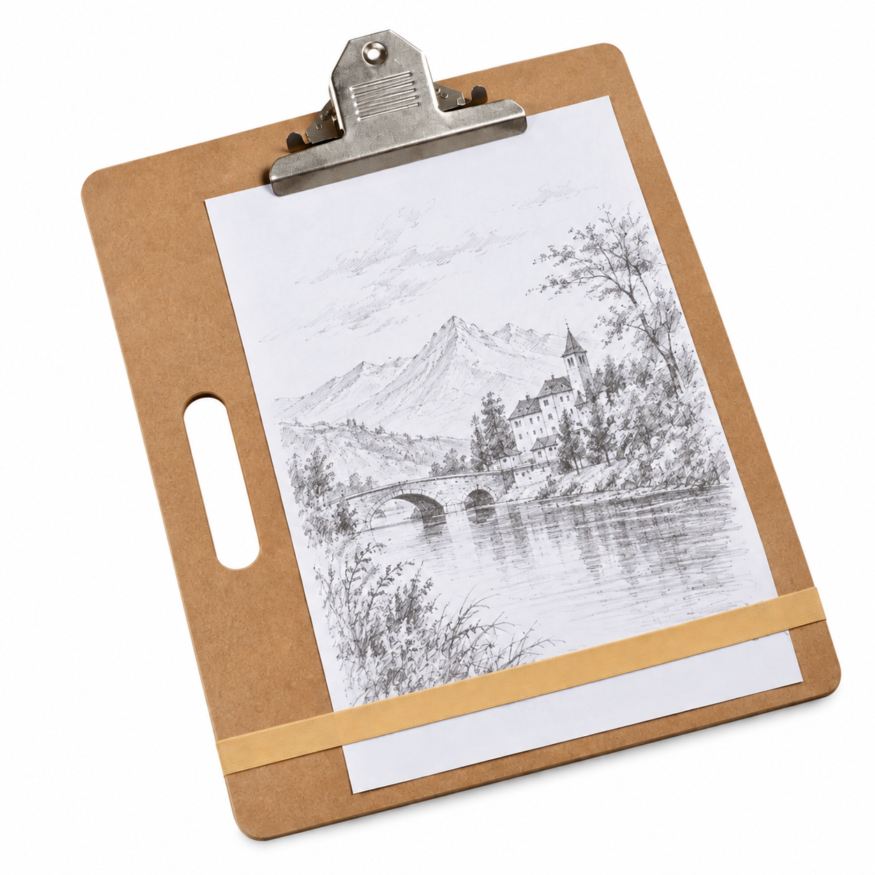 Artist sketch board with clip holding drawing paper