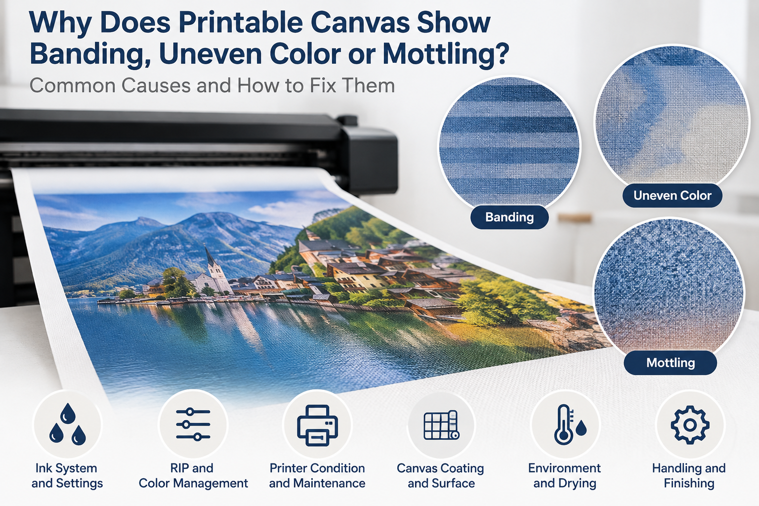 Comparison of banding, uneven color and mottling defects on printed canvas with common print and coating factors