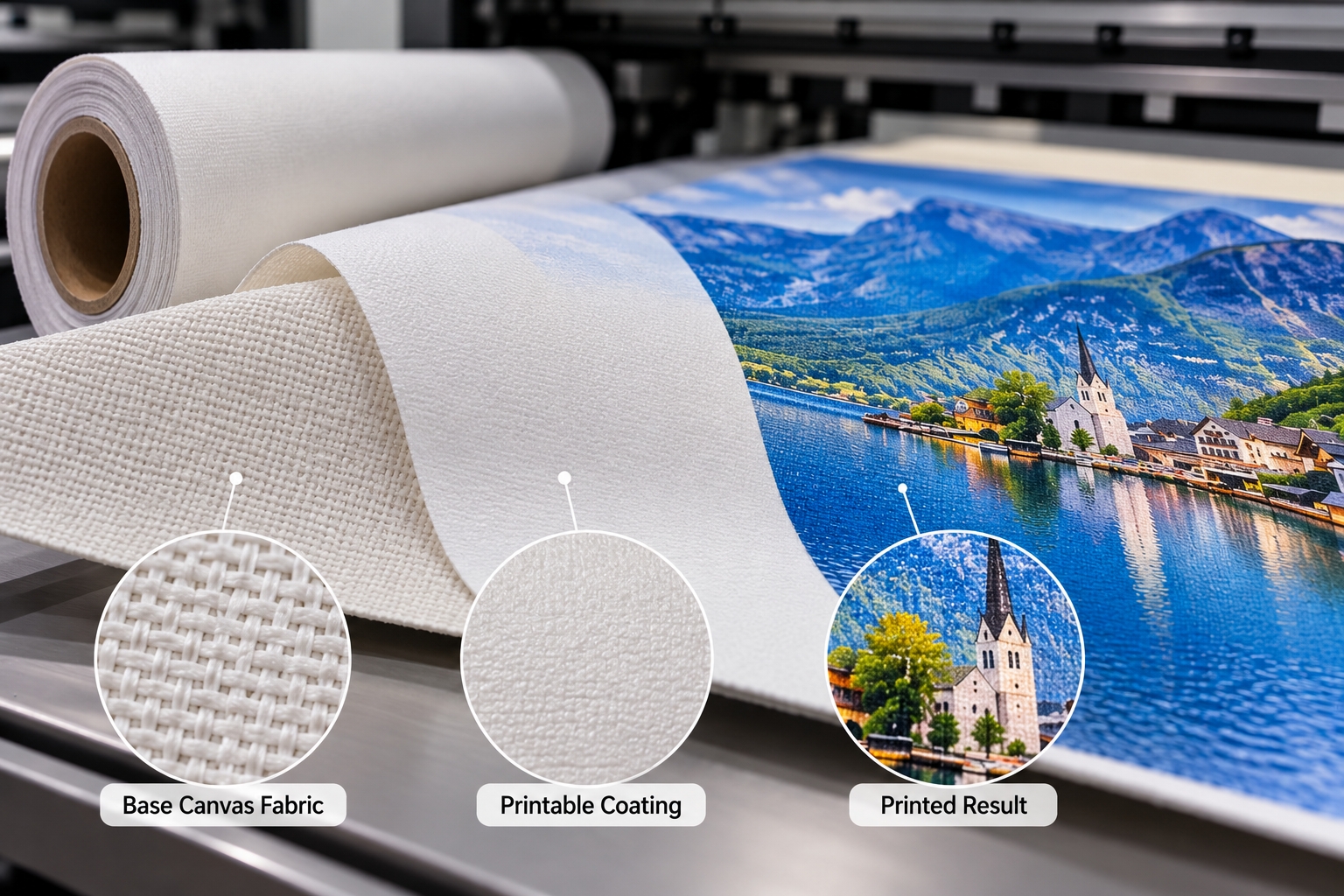 Close-up of printable canvas showing base fabric, printable coating and the final printed surface