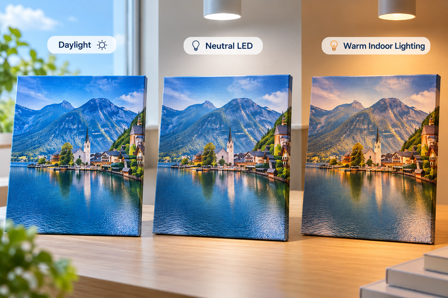 Same printable canvas print compared under daylight, neutral LED and warm indoor lighting