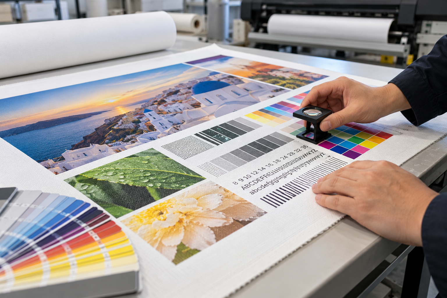 Printable canvas sample being checked for print sharpness, color uniformity and surface quality before bulk approval