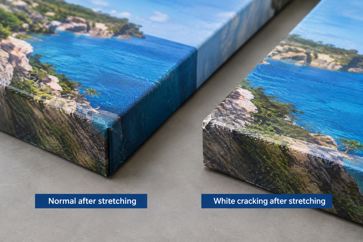 Comparison of stretched printed canvas corners showing normal stretching and white cracking after bending
